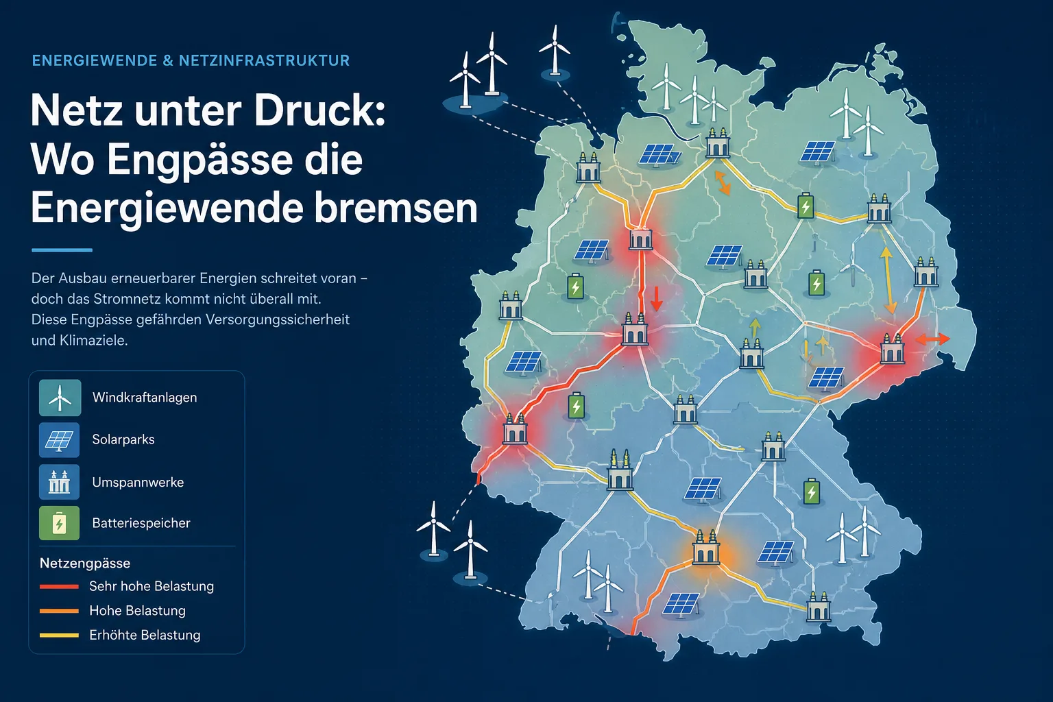 Erneuerbare Energien: redaktionelle Visualisierung mit Datenflüssen, Risiken und Unternehmensprozessen