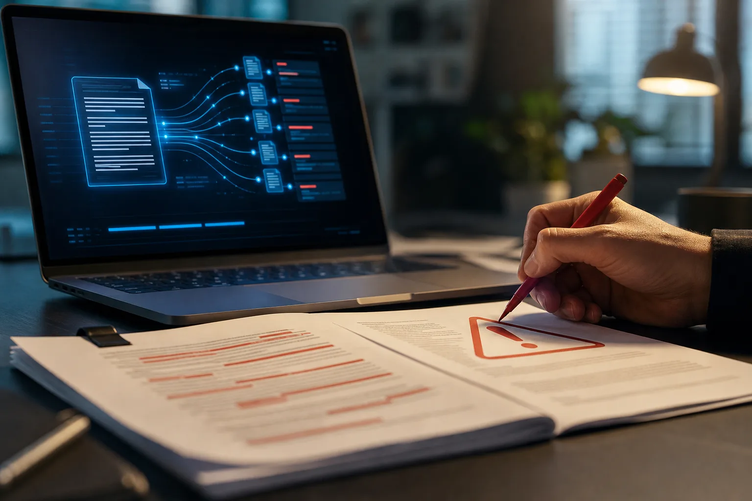Künstliche Intelligenz: redaktionelle Visualisierung mit Datenflüssen, Risiken und Unternehmensprozessen