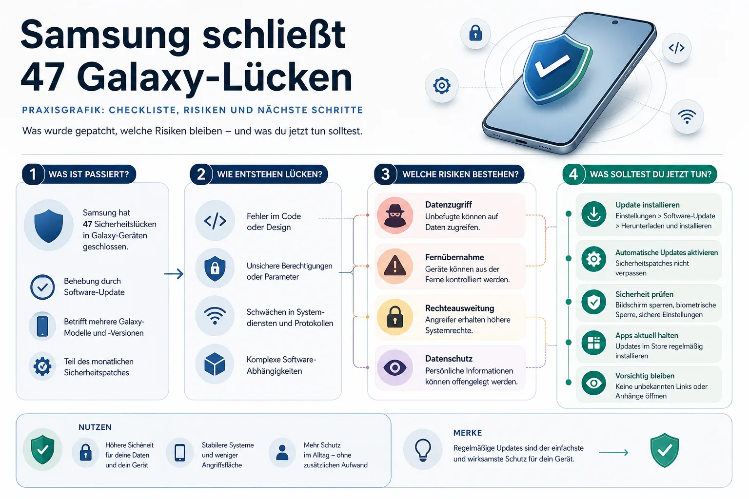 Samsung schließt 47 Galaxy-Lücken: Samsung schließt 47 Galaxy-Lücken: Praxis-Checkliste mit Risiken und nächsten Schritten.
