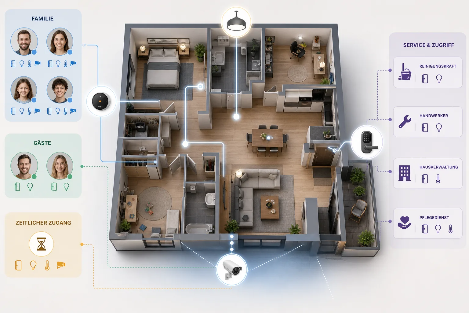 Smart-Home-Geräte in einer Wohnung mit getrennten Zugriffsbereichen für Familie, Gäste und Dienstleister