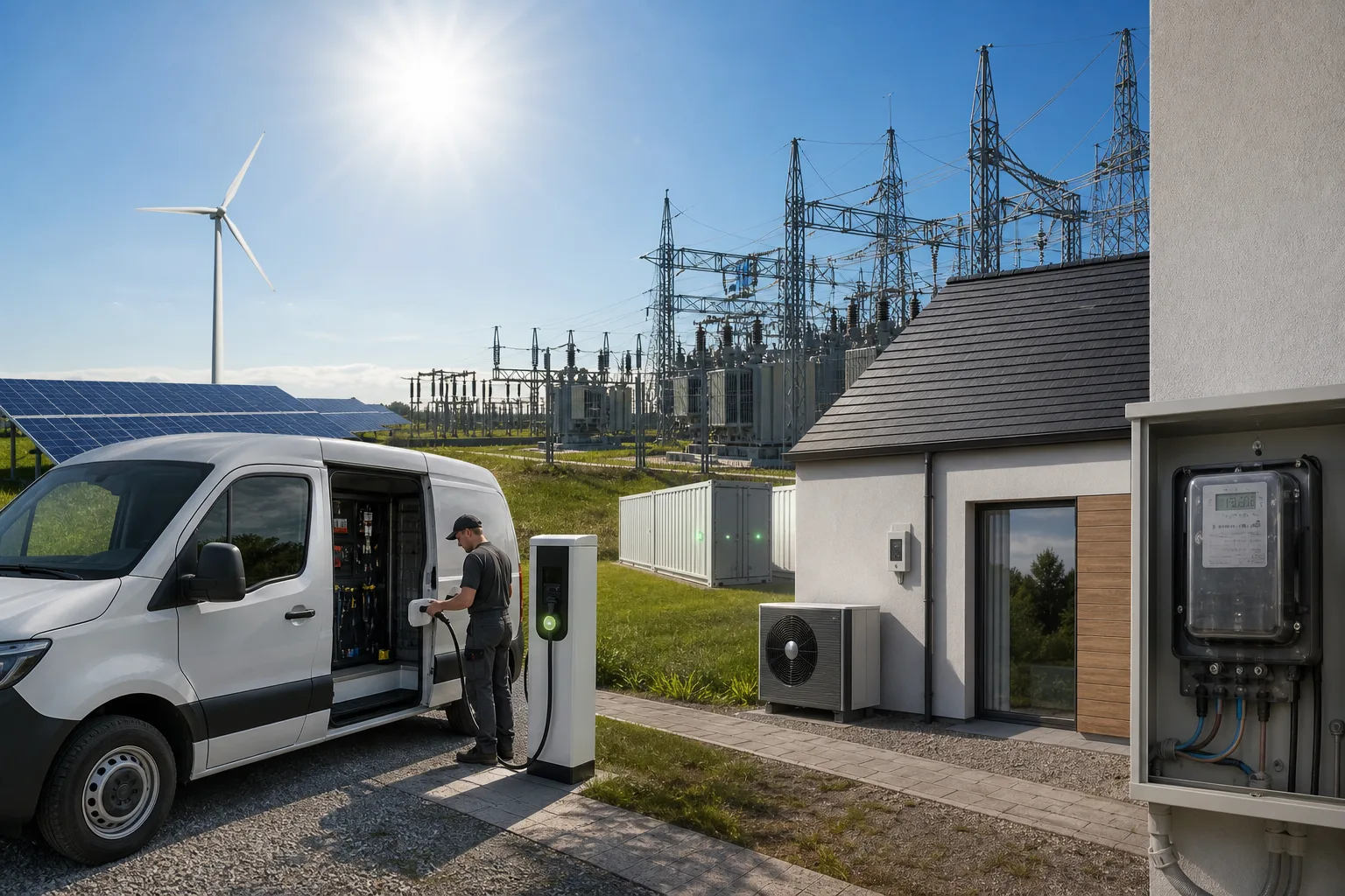 Erneuerbare Energien: redaktionelle Visualisierung mit Datenflüssen, Risiken und Unternehmensprozessen
