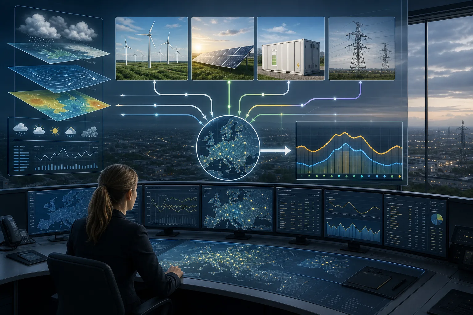 Illustration zu Wetterdaten im Stromnetz mit Wind, Solar, Speicher, Leitungen und Prognosekarten.