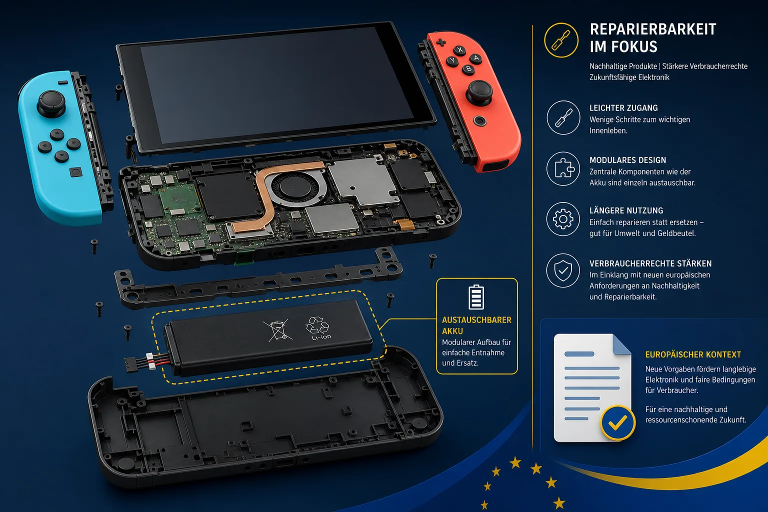 Eine portable Spielkonsole mit sichtbar austauschbarem Akku als Symbol für reparierbarere Geräte in Europa.