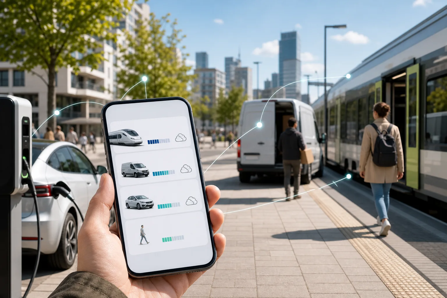 Mobilität: redaktionelle Visualisierung mit Datenflüssen, Risiken und Unternehmensprozessen