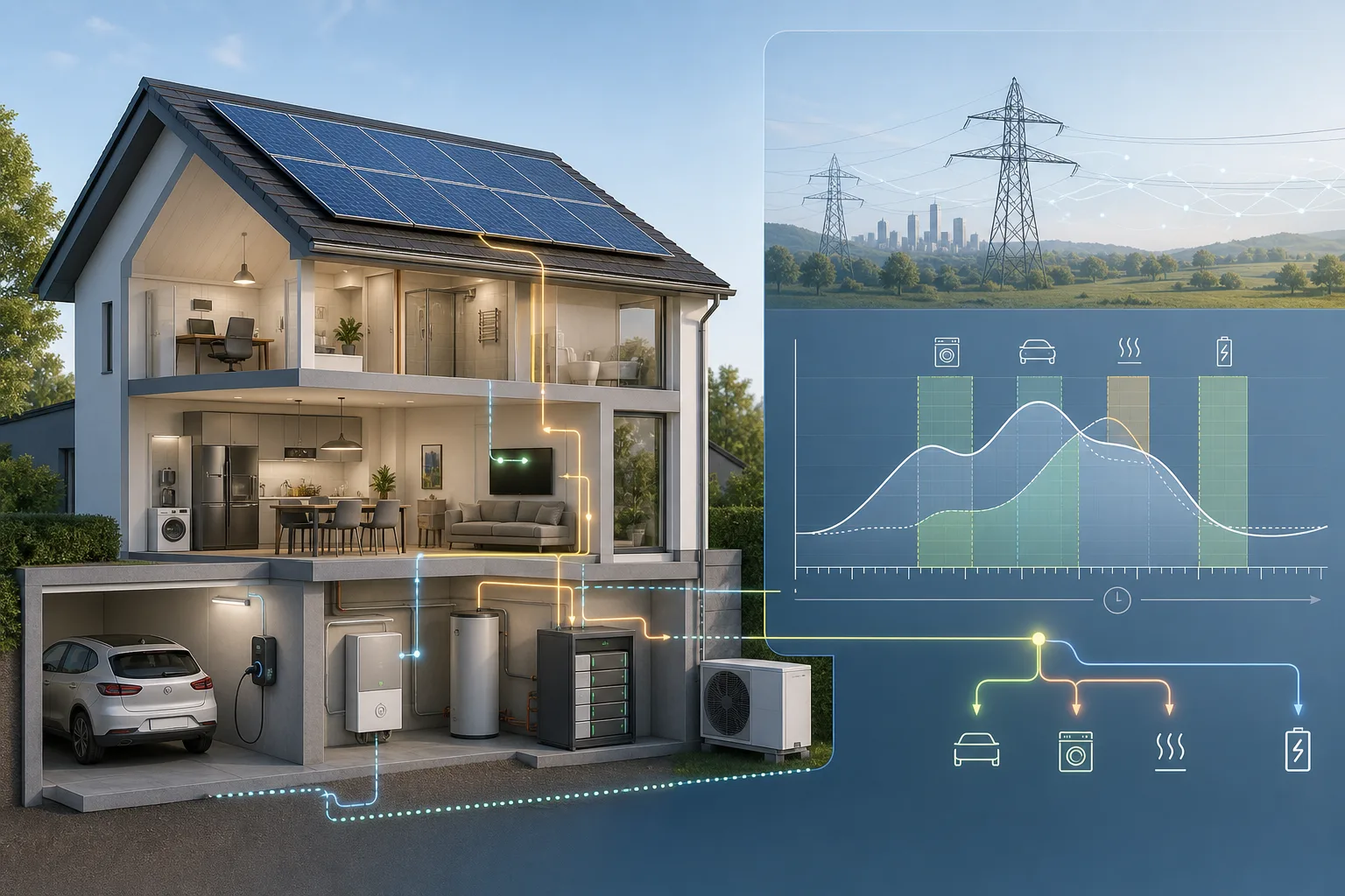 Schnittansicht eines Hauses mit Wärmepumpe, Heimspeicher und Wallbox, die als virtuelles Kraftwerk Lasten im Stromnetz verschieben.
