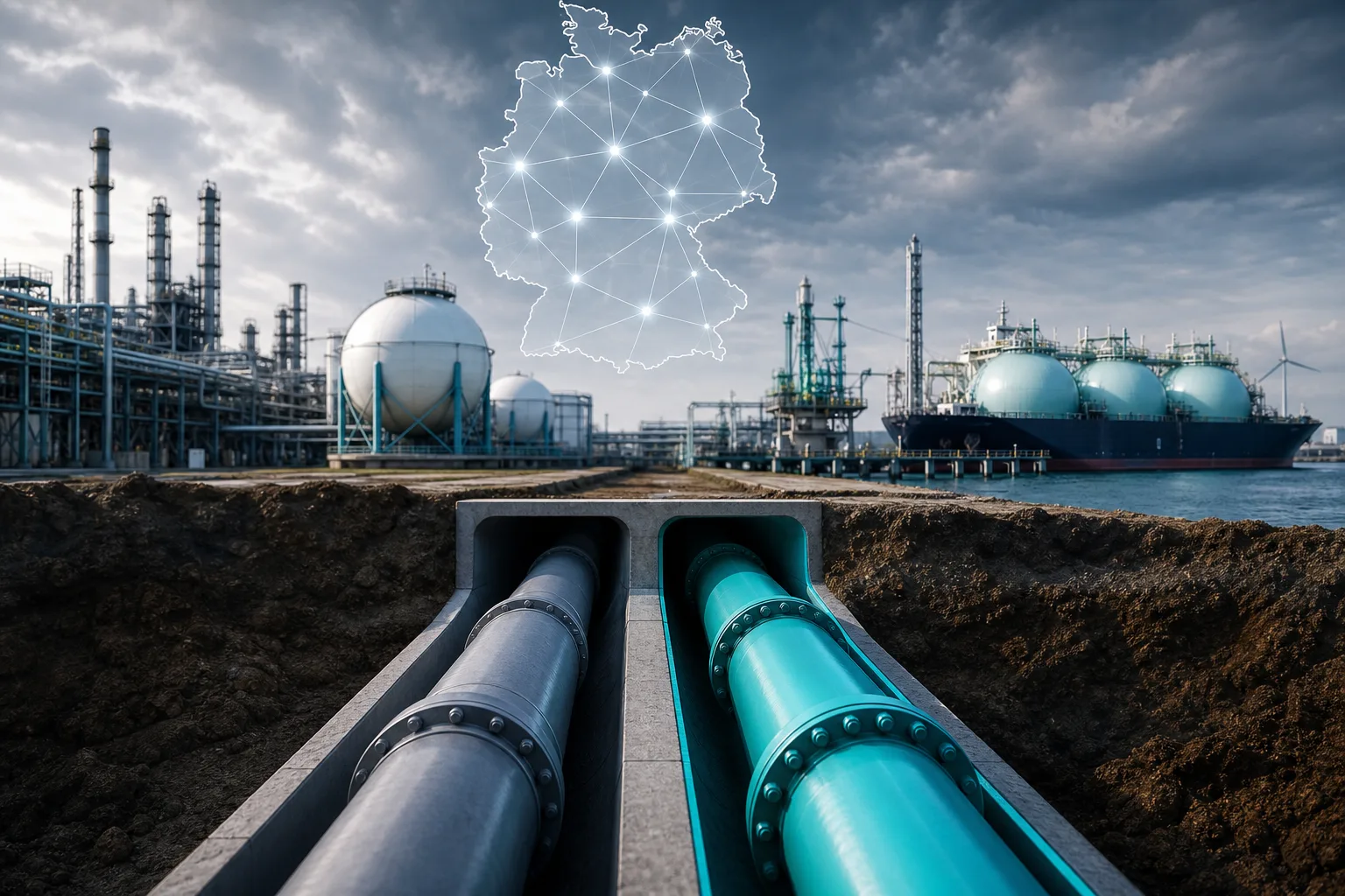 Energie: redaktionelle Visualisierung mit Datenflüssen, Risiken und Unternehmensprozessen