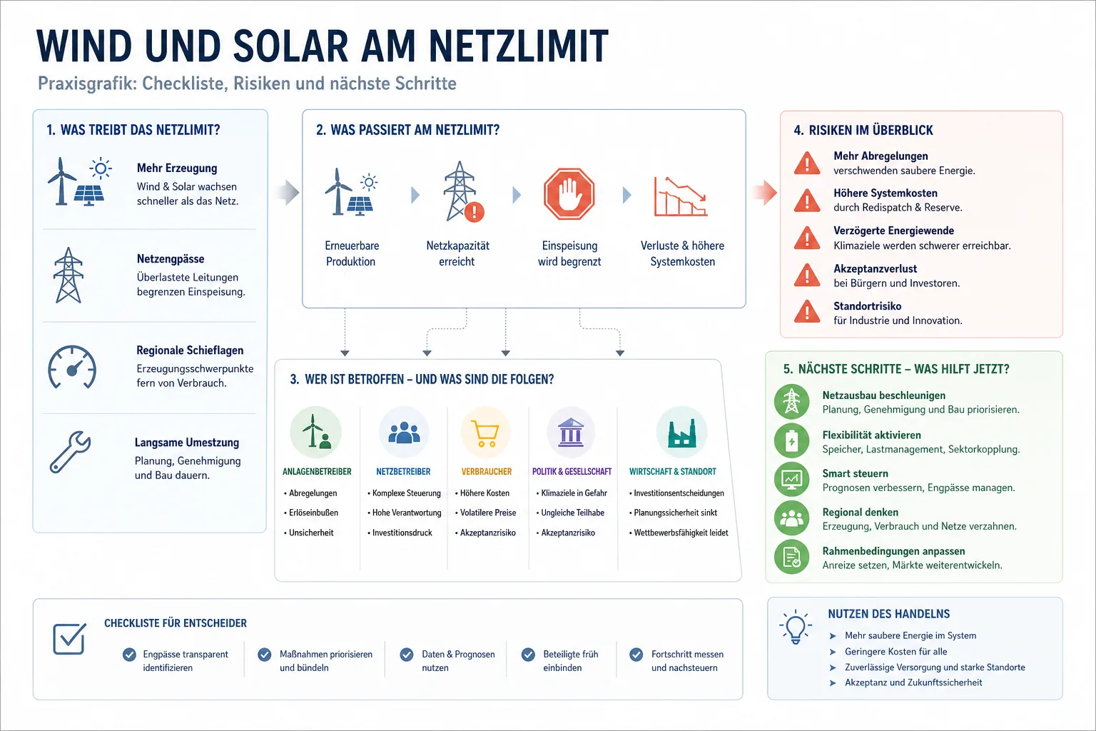 Wind und Solar am Netzlimit: Praxis-Checkliste mit Risiken und nächsten Schritten.