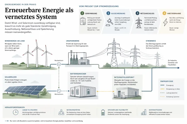 Windkraft-Rekord wird zur Umsetzungsfrage: Warum Deutschlands Erneuerbaren-Ausbau jetzt an Genehmigungen, Speichern und Netzen hängt