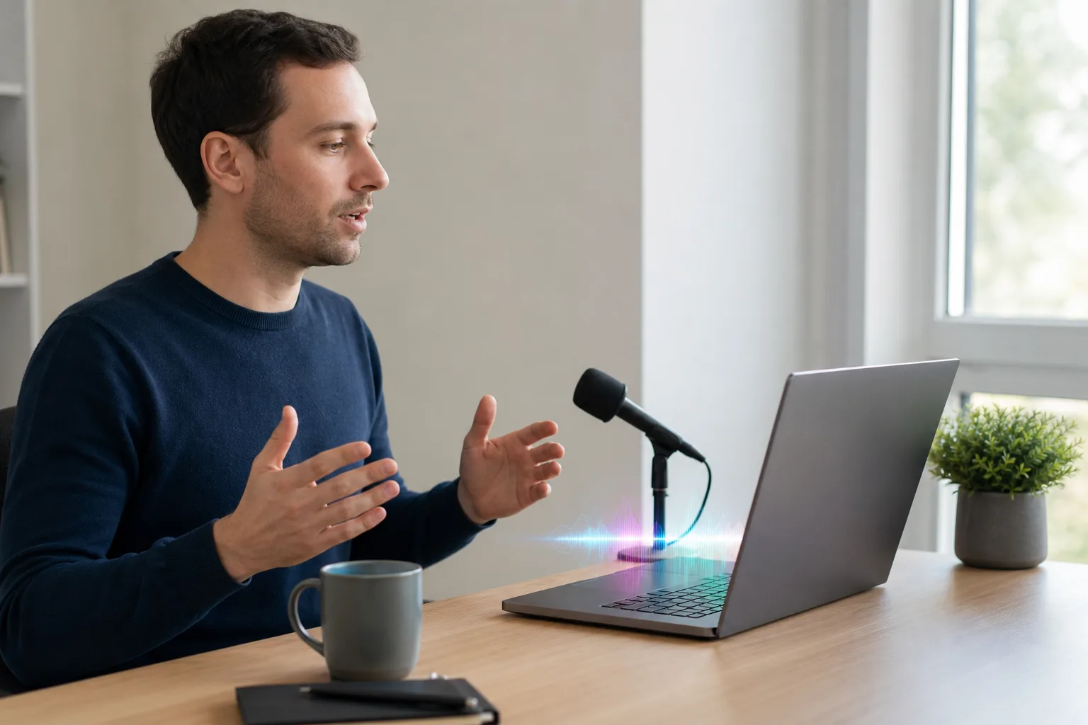 Windows-Laptop mit Mikrofon als Symbol für lokale Spracherkennung und Bedienung per Stimme