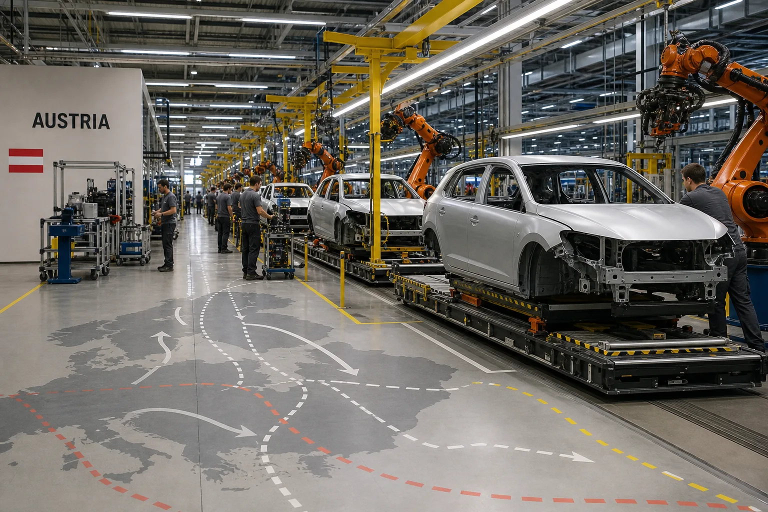 Moderne Autofertigung in Europa mit Elektroautos auf der Linie als Symbol für Xpeng-Produktion bei Magna Steyr in Graz.