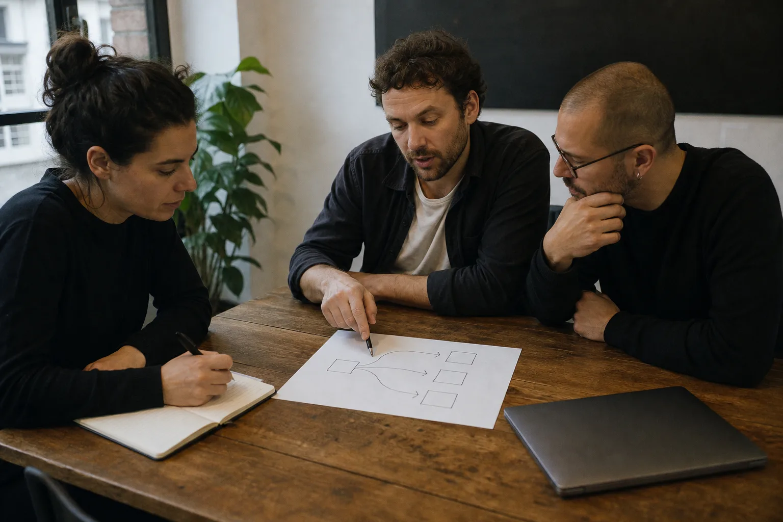 Drei Kolleginnen und Kollegen besprechen an einem Tisch die Prüfung eines zusätzlichen Datenpfads für einen KI-Piloten.
