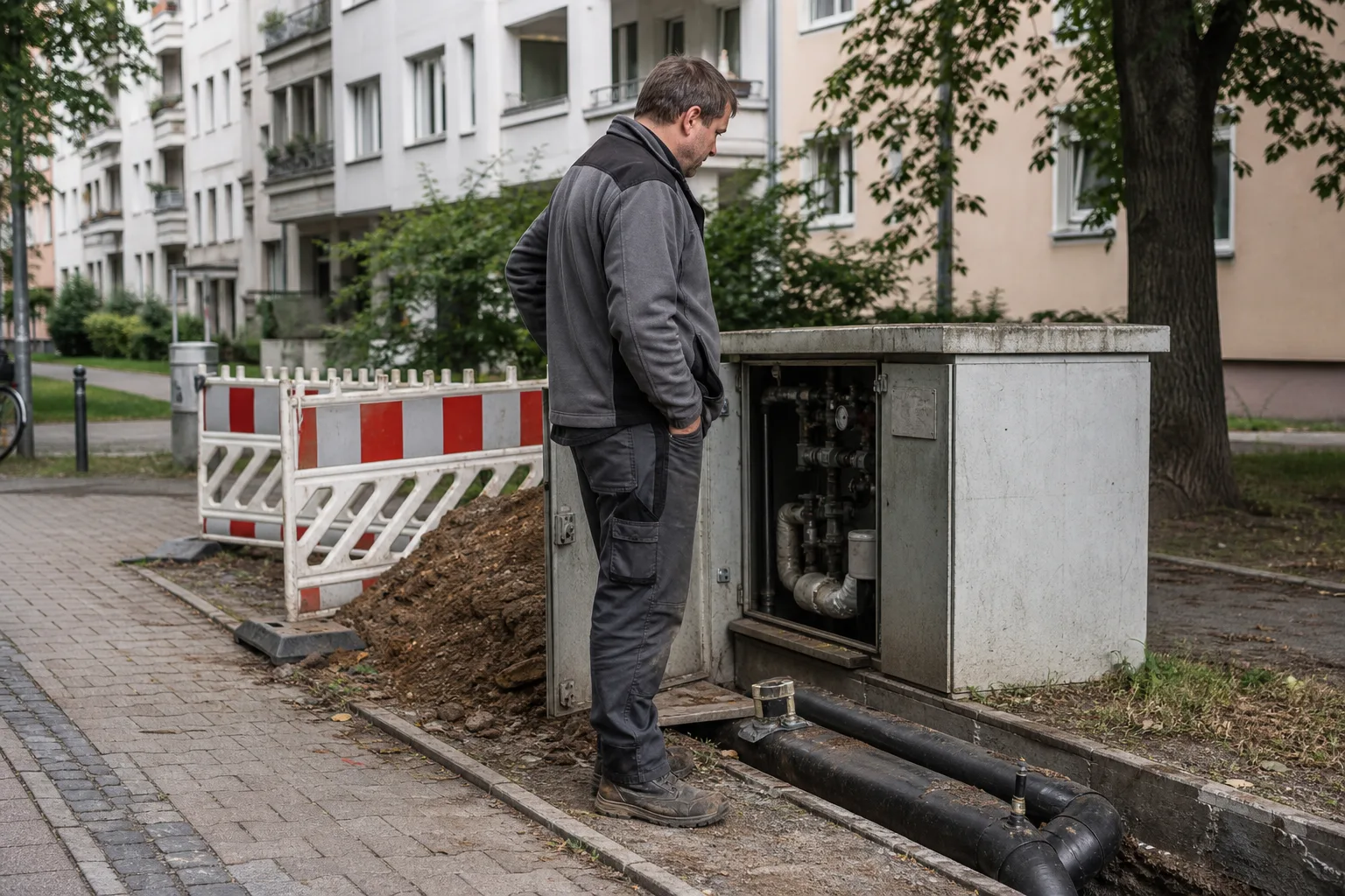 Mitarbeiter an einer unbeschrifteten Fernwärmeleitung in einem Wohnviertel als Illustration für die Planung saisonaler Wärmespeicher.