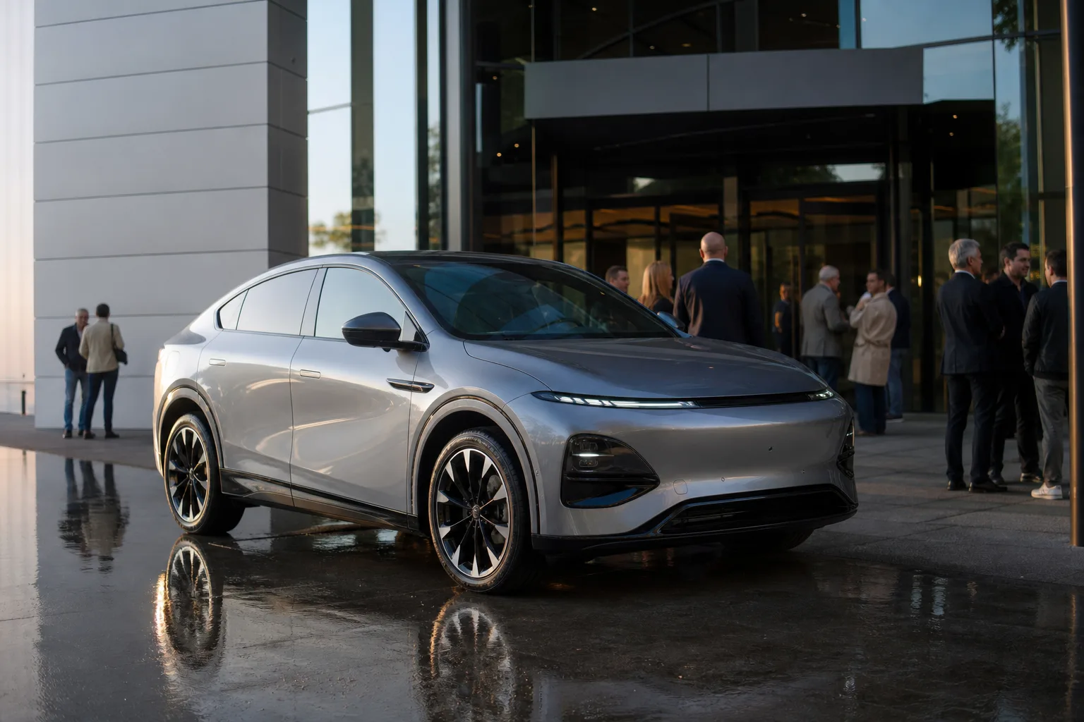 Unmarkiertes elektrisches SUV-Coupé vor einer modernen Veranstaltungshalle bei Abendlicht