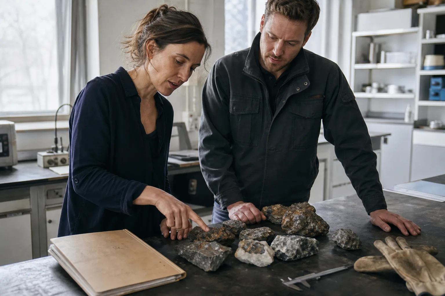 Zwei Fachleute betrachten unmarkierte Mineralproben und eine unbeschriftete Kartenmappe auf einem Arbeitstisch