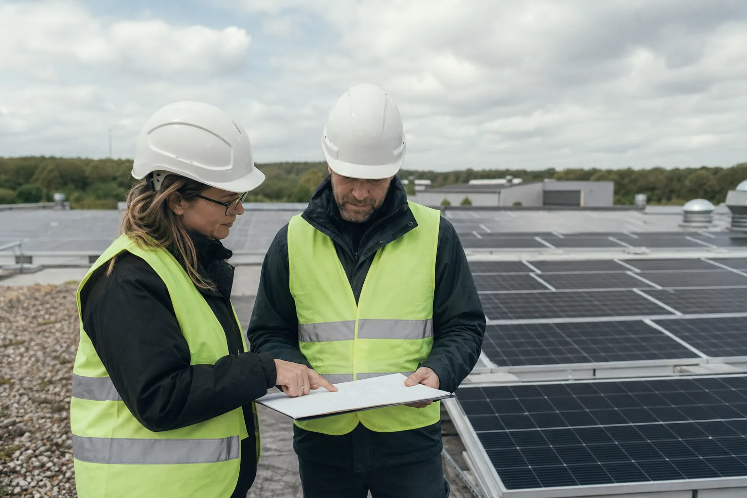 Zwei Fachleute prüfen auf einem Gewerbedach unmarkierte Solarmodule und einen leeren Lageplan