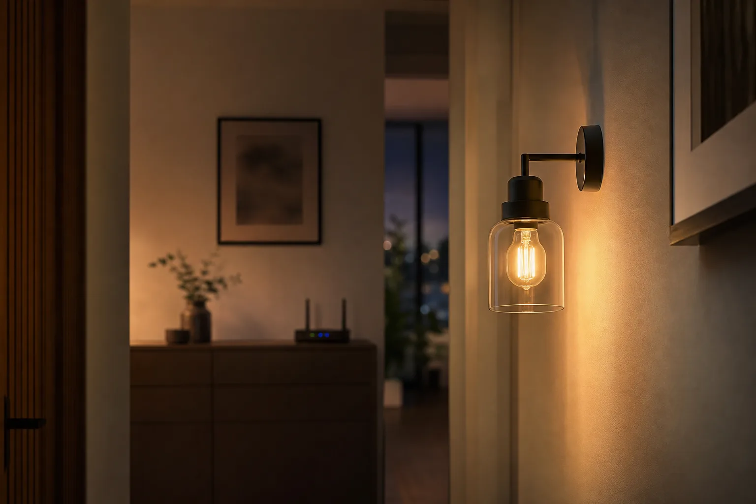 Smarte Lampe in einem Wohnungsflur mit Router im Hintergrund