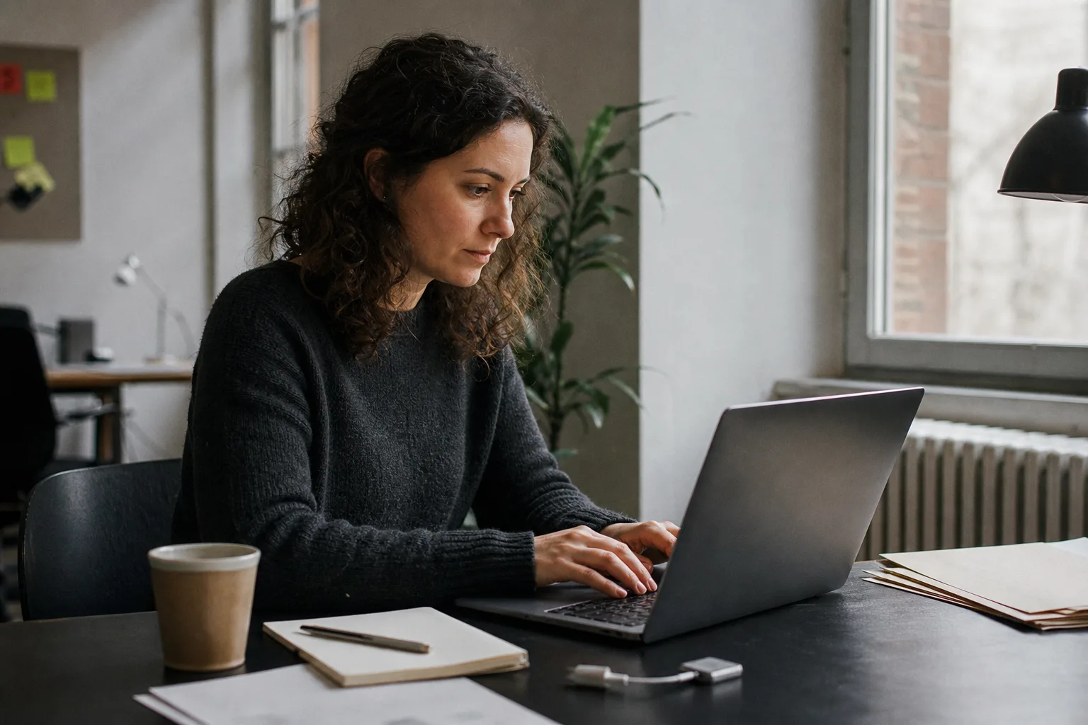 Eine Softwareentwicklerin arbeitet an einem unmarkierten Notebook an einem hellen Büroarbeitsplatz