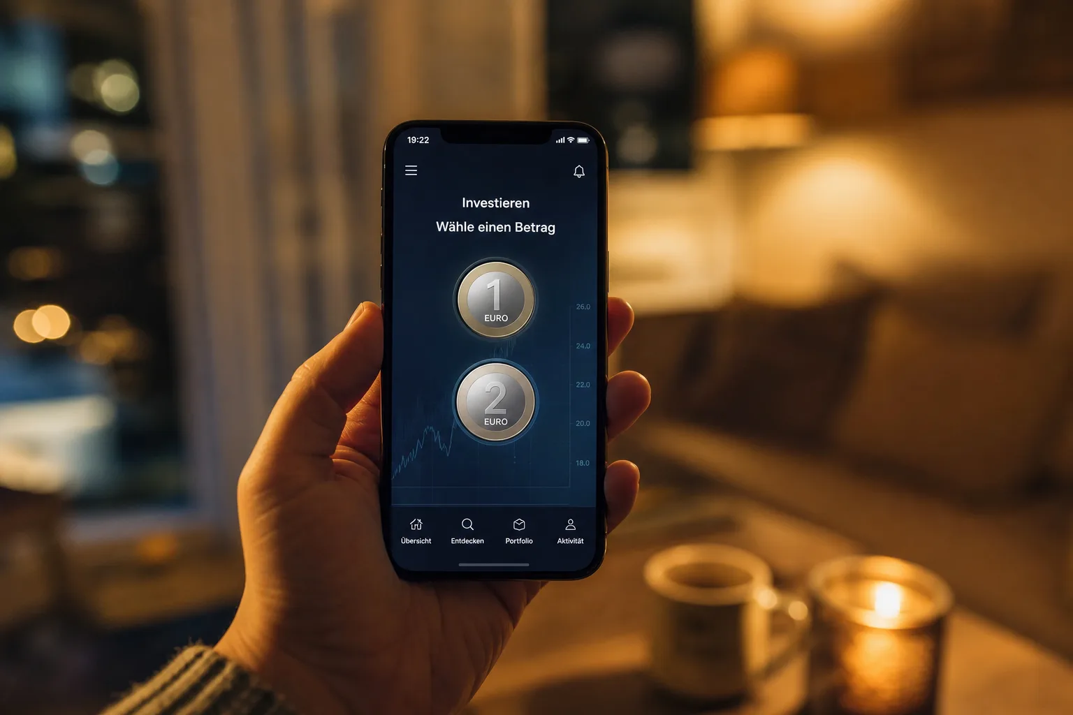 Person sitzt abends im Wohnzimmer und betrachtet auf dem Smartphone zwei neutrale, unbeschriftete Auswahlfelder.