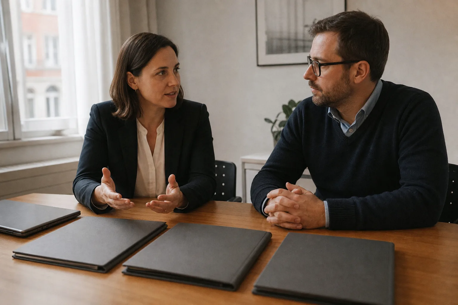 Zwei Fachleute besprechen in einem neutralen Besprechungsraum geschlossene unbeschriftete Mappen neben einem zugeklappten Notebook