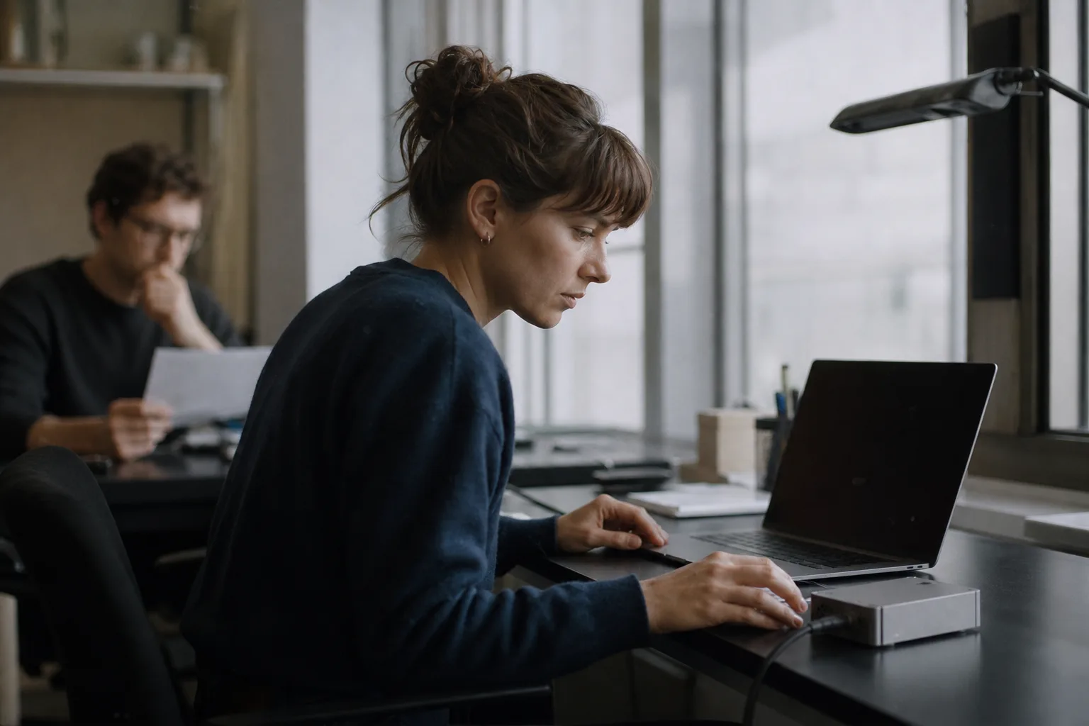 Zwei Erwachsene arbeiten an einem neutralen Arbeitsplatz mit einem unbeschrifteten Laptop und einem kleinen lokalen Rechnergehäuse.