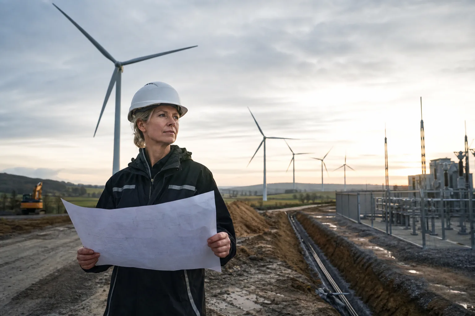 Bauingenieurin an einer Baustelle mit Windrädern, Kabelgraben und Umspannfeld
