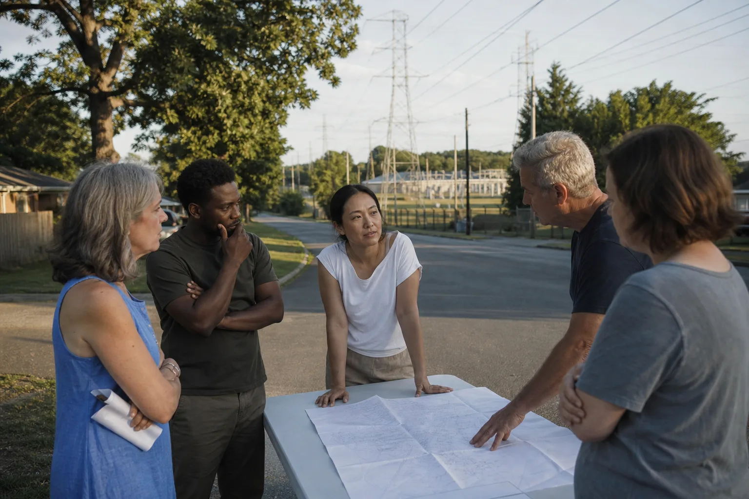 Kleine Gruppe von Anwohnerinnen und Anwohnern diskutiert im Freien über einen Plan auf einem Tisch