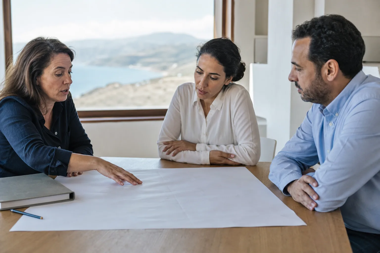 Drei Energieplanende besprechen eine unbeschriftete Papierübersicht in einem hellen Raum mit Blick Richtung Küste