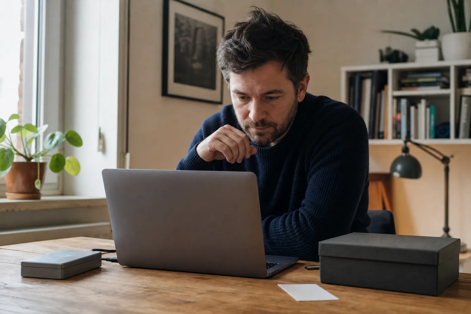Person prüft an einem neutralen Arbeitsplatz, ob eine Archivsoftware aktualisiert werden sollte.