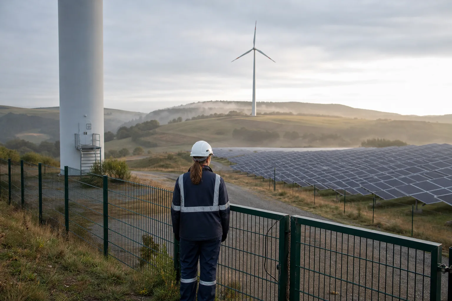 Windenergieanlage und Solarfeld in einer hügeligen europäischen Landschaft; eine Ingenieurin steht am Wartungszaun.