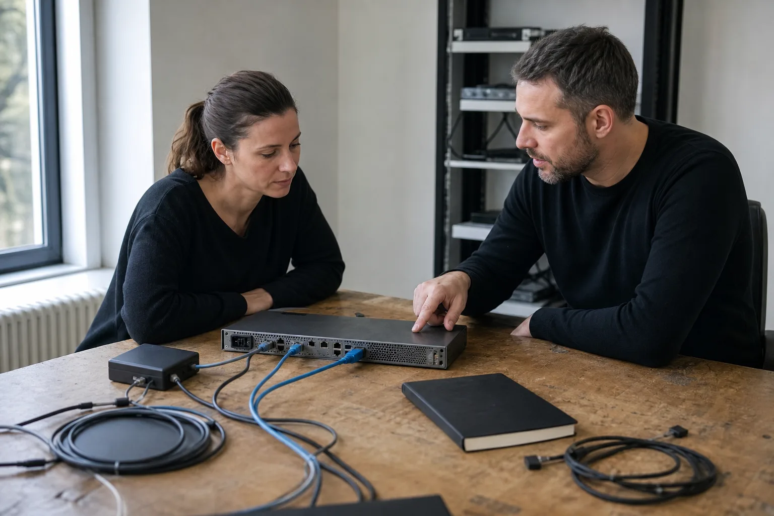 Zwei Cybersecurity-Fachleute prüfen gemeinsam unmarkierte Testnetzwerk-Hardware auf einem Arbeitstisch.