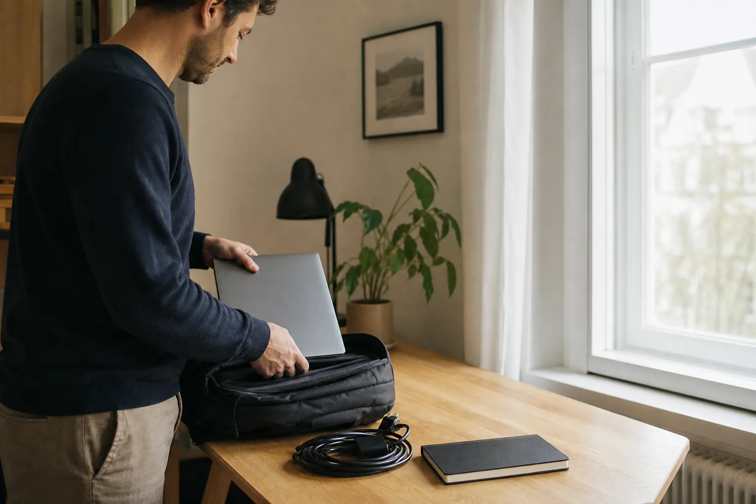 Eine Person packt an einem hellen Schreibtisch einen unmarkierten geschlossenen Laptop, Ladegerät und Reisetasche für einen wichtigen Termin ein.