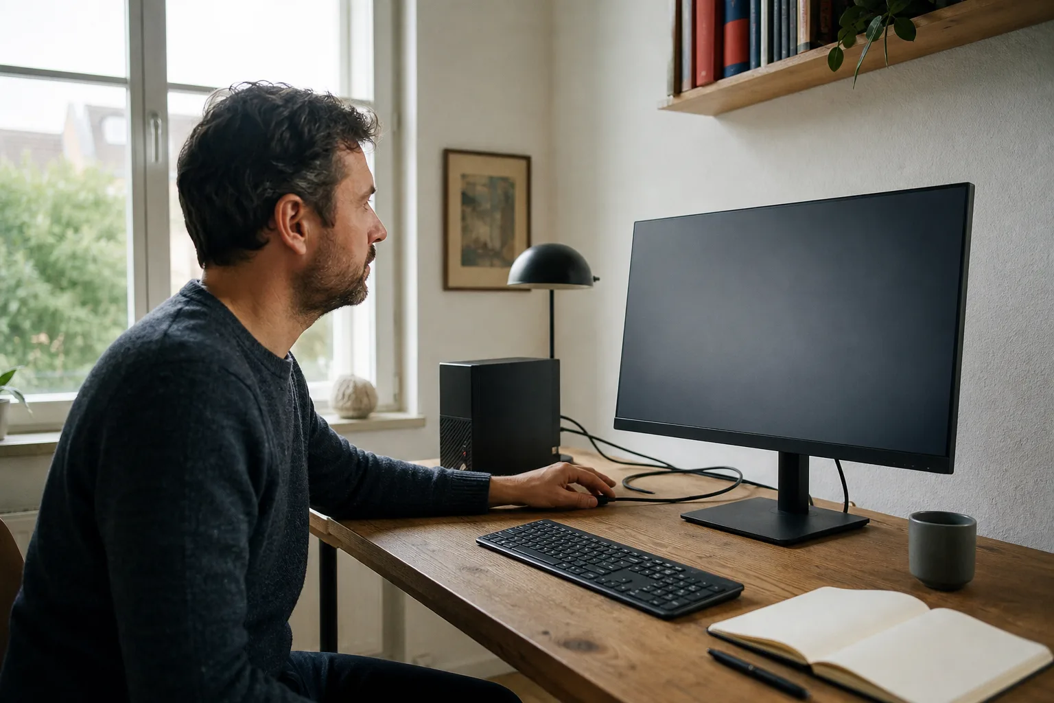 Eine Person hält in einem hellen Homeoffice neben einem angeschlossenen, unbeschrifteten Monitor kurz inne.