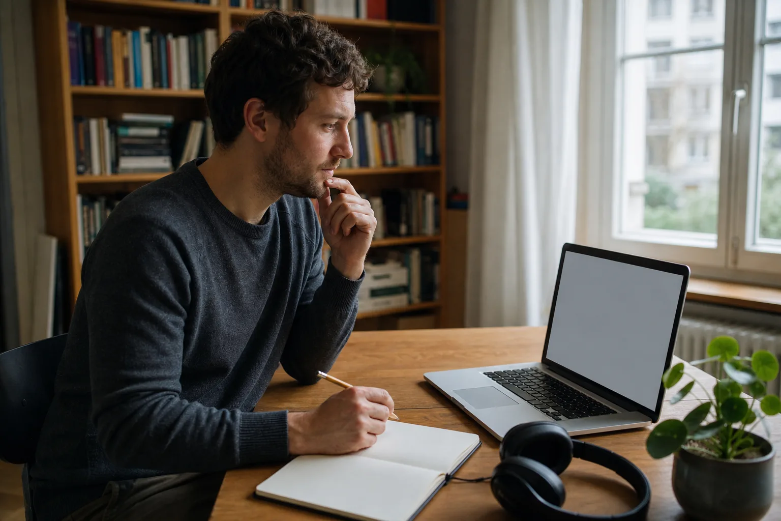 Eine erwachsene Person bereitet an einem hellen Schreibtisch mit neutralem Laptop, Kopfhörern und Notizbuch einen Onlinekurs zu verantwortlichem KI-Einsatz vor.
