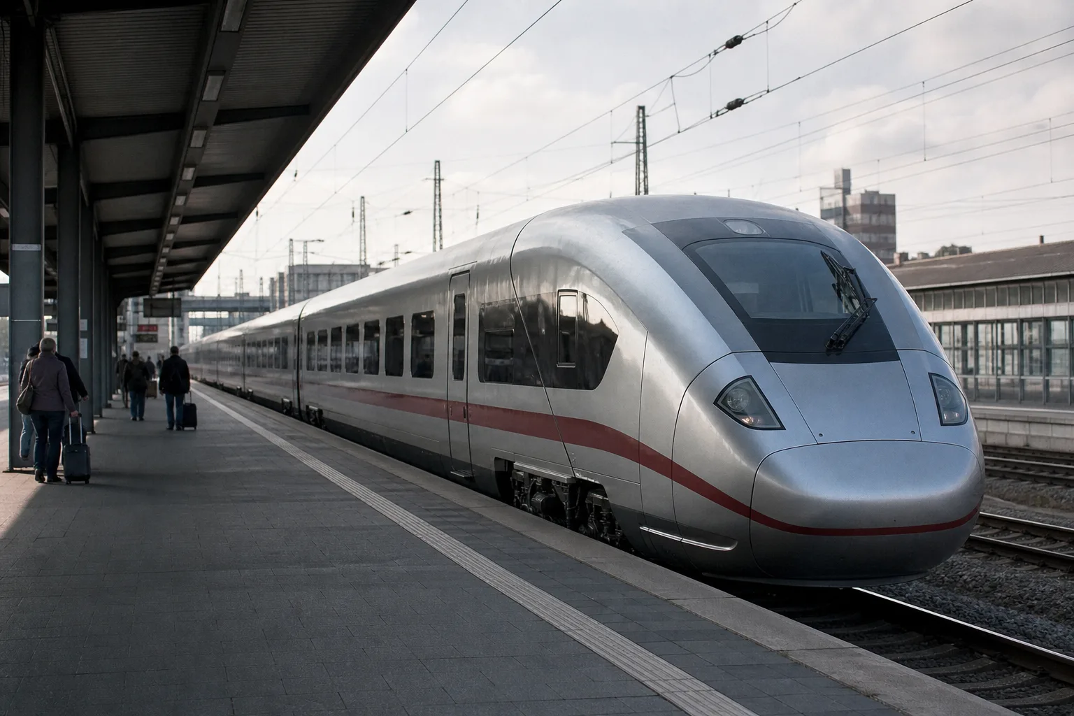 Ein neutral gestalteter moderner Hochgeschwindigkeitszug steht bei Morgenlicht an einem europäischen Bahnsteig; einige Reisende warten mit Gepäck in der Ferne.