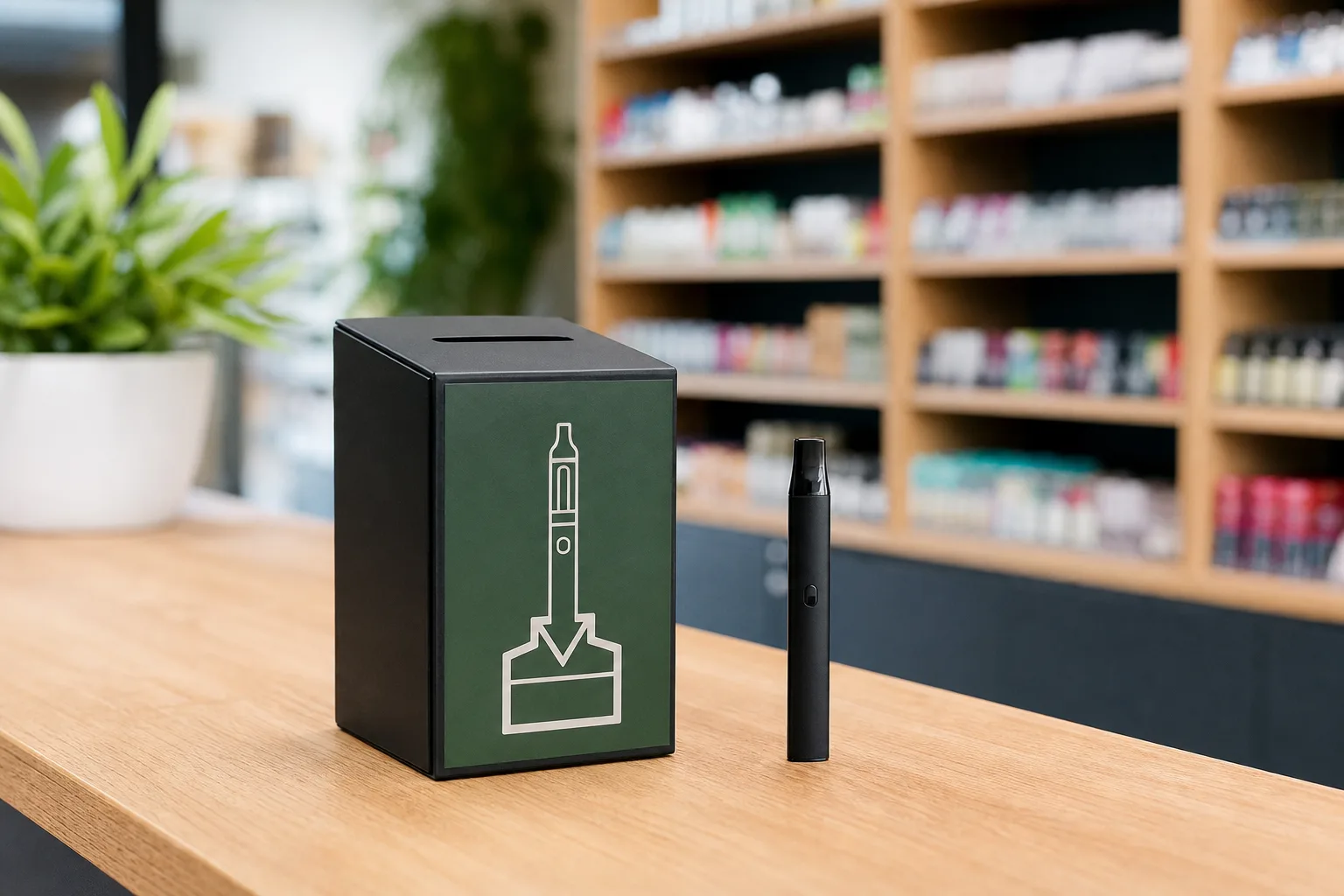 Unmarkiertes leeres Vape-Gerät neben einer neutralen Sammelbox auf einem Ladentresen