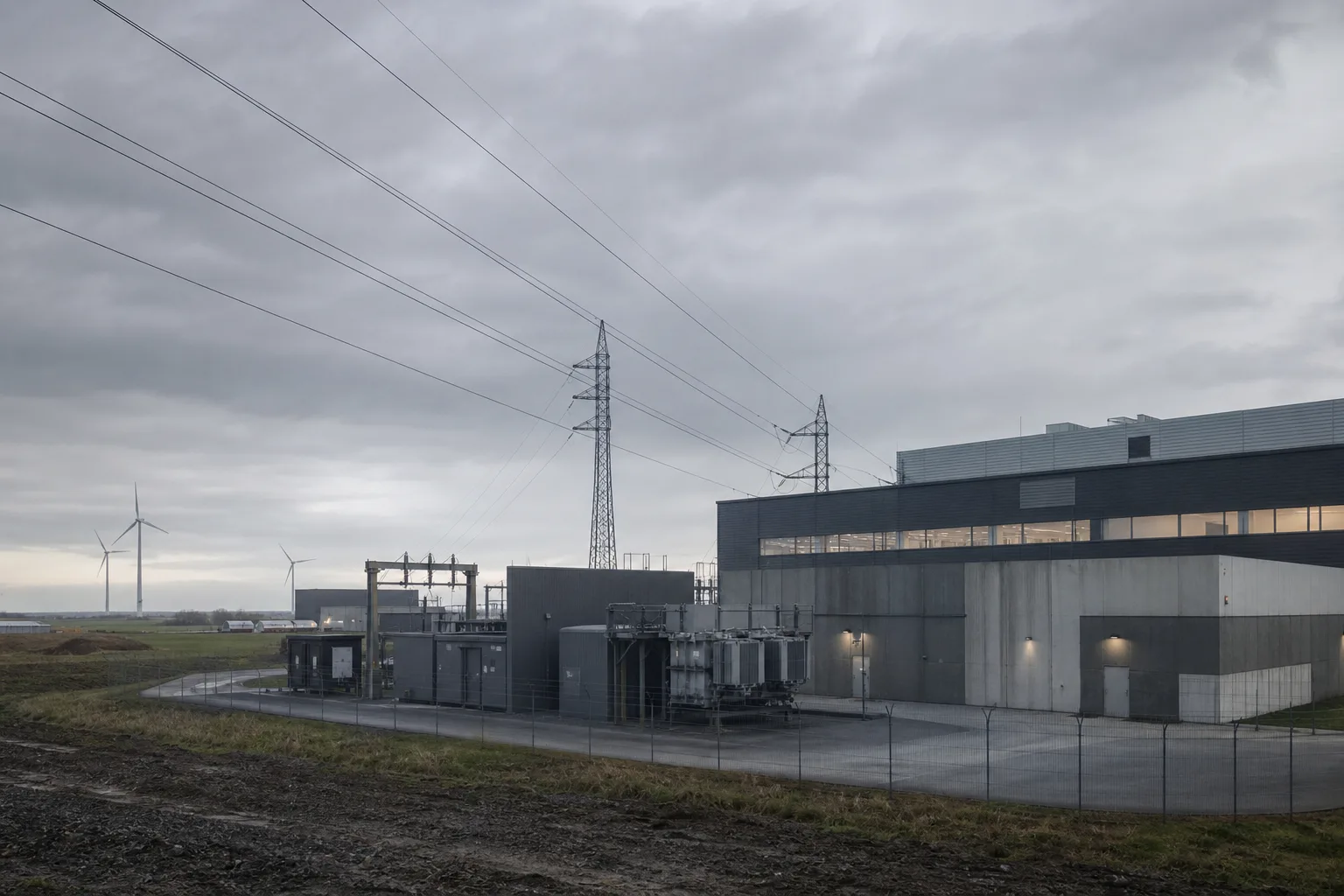 Rechenzentrum mit Strominfrastruktur und Windrädern im Hintergrund als Symbol für erneuerbare Energieversorgung.
