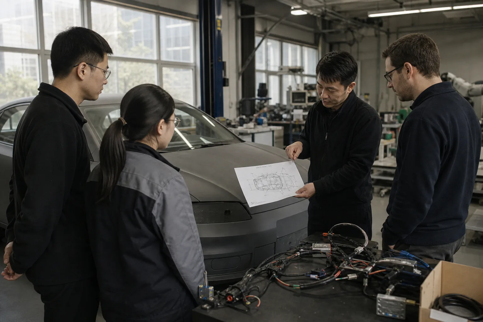 Ein kleines Ingenieurteam arbeitet in einer chinesischen Fahrzeugwerkstatt an einem unbeschrifteten, stehenden Testauto und einer Papierskizze zur Softwarearchitektur.