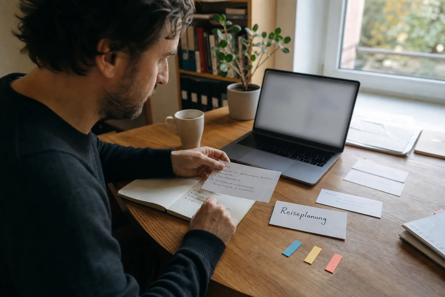 Person sortiert an einem Homeoffice-Schreibtisch Projektunterlagen neben einem unscharfen Laptop und farbigen Papiermarkern.