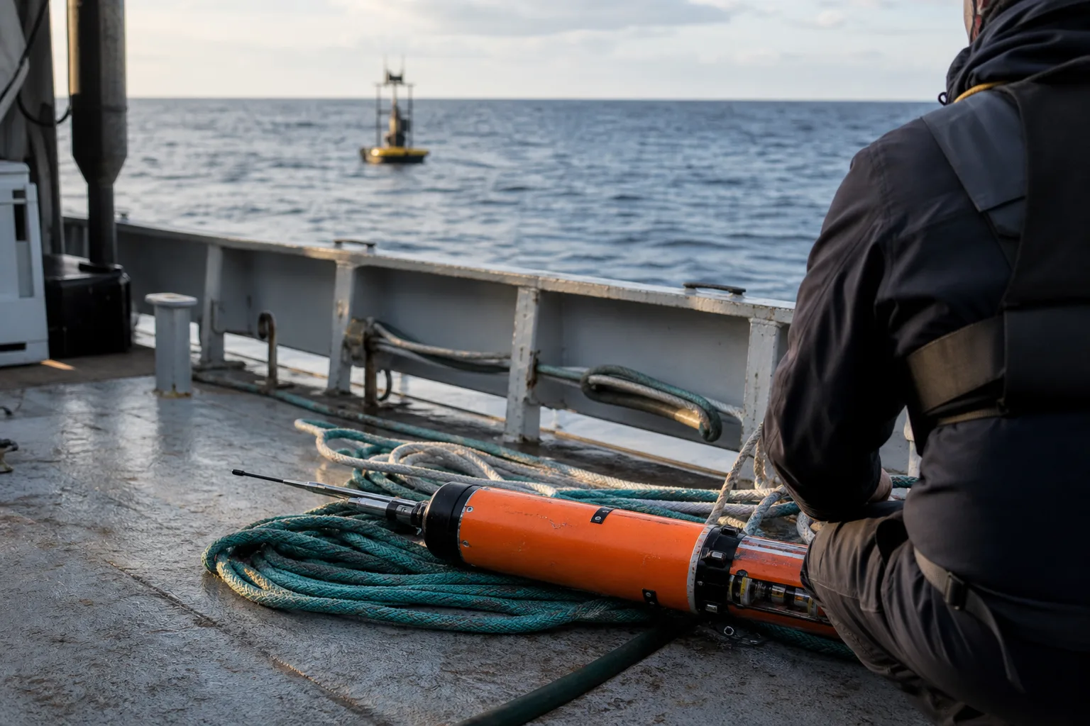 Orangefarbener Argo-Profiling-Float auf dem Arbeitsdeck eines Forschungsschiffs vor offenem Atlantik
