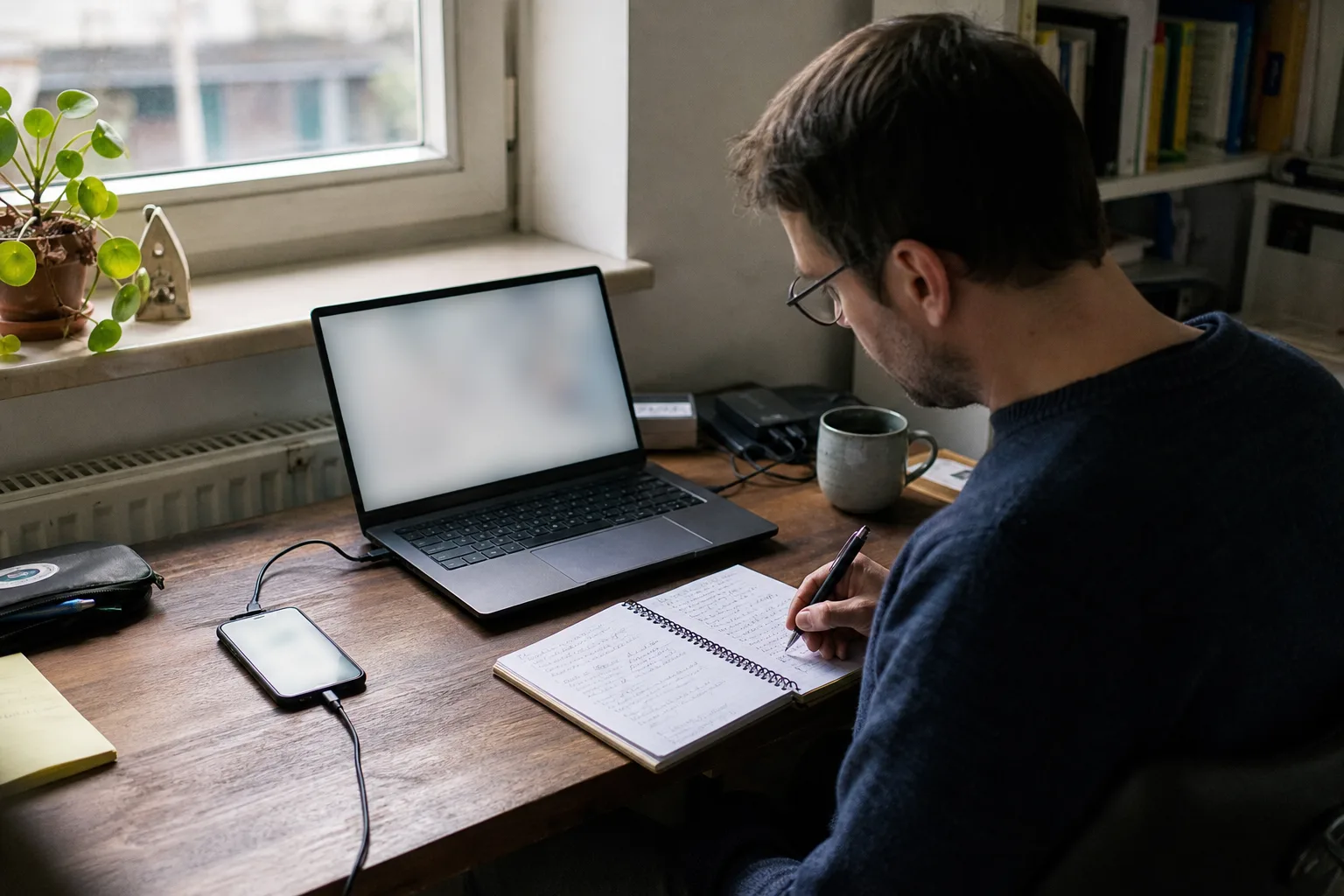Eine Person bereitet an einem Schreibtisch einen Vergleich mit einem Laptop, einem Smartphone und einem Notizbuch vor.