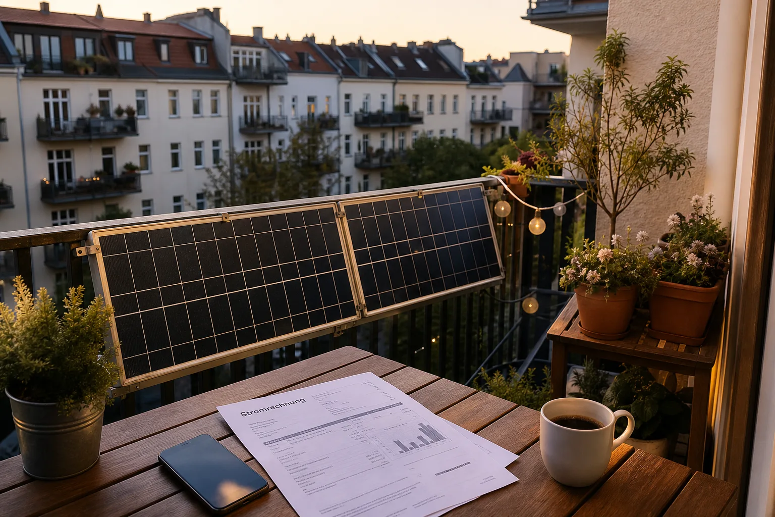 Balkon einer Mietwohnung mit kleinem Solarmodul und Stromrechnung auf dem Tisch