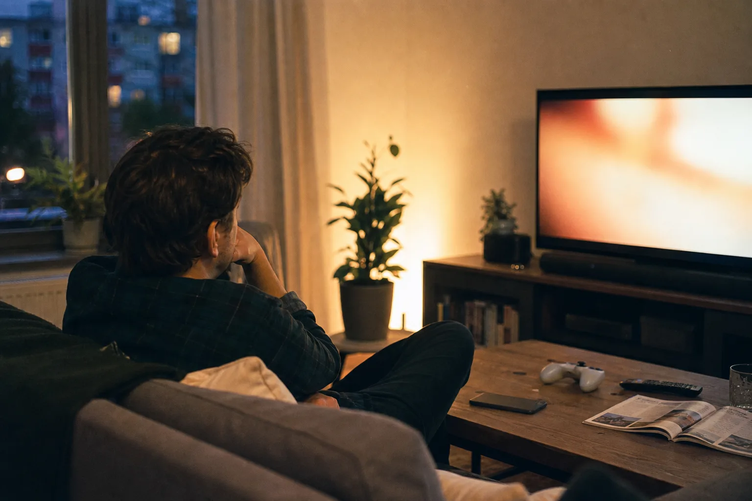 Person sitzt in einem Wohnzimmer vor einem unscharfen Fernseher; auf dem Couchtisch liegen ein unmarkierter Controller, ein Smartphone und eine Fernbedienung.