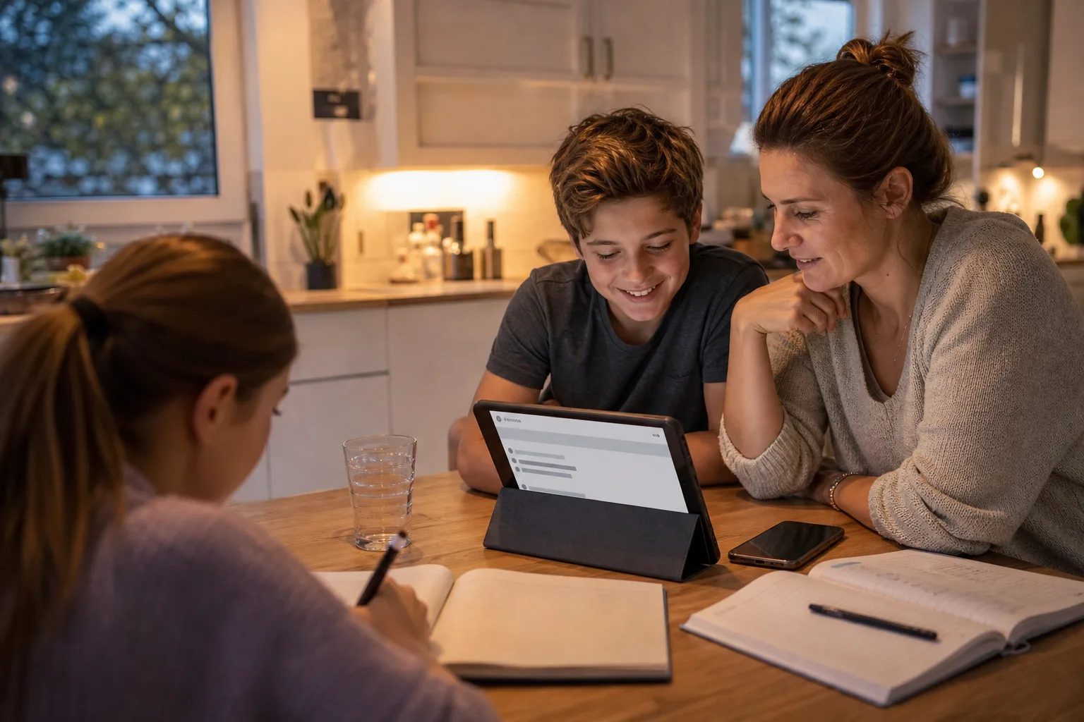 Ein Kind macht Hausaufgaben am Küchentisch, daneben liegen Tablet und Smartphone.