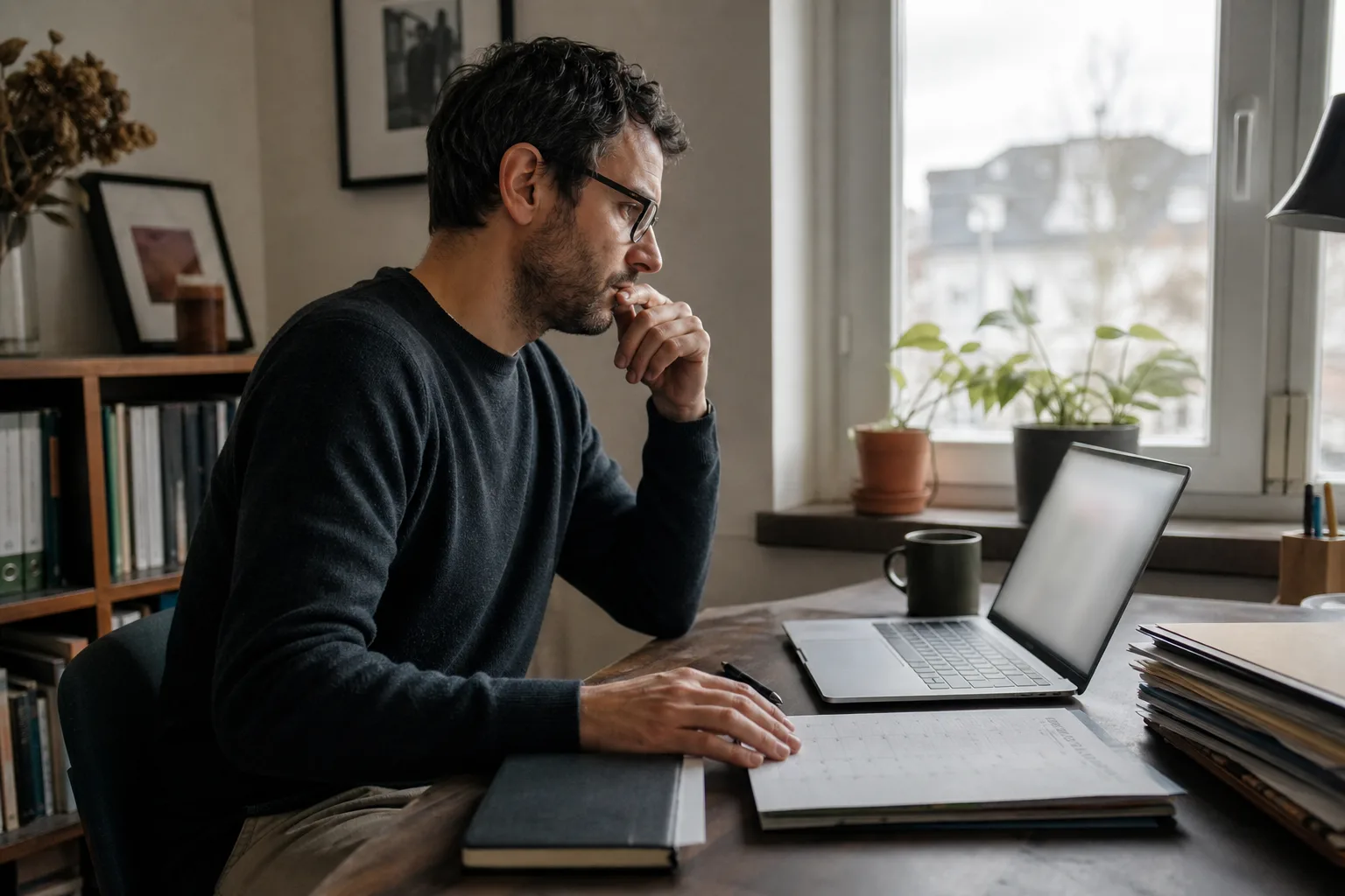 Eine erwachsene Person arbeitet an einem Schreibtisch neben Papierkalender, Notizbuch und Ordnern; der Laptopbildschirm bleibt unscharf.