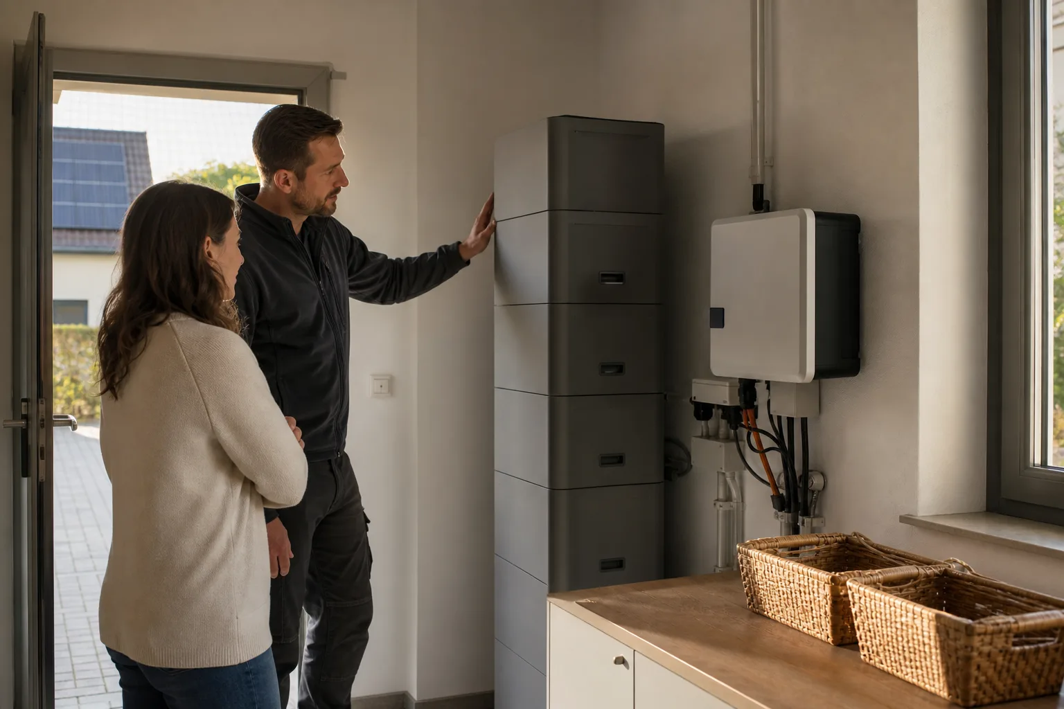 Hauseigentümerin und Installateur betrachten einen neutralen modularen Heimspeicher neben der PV-Technik eines Einfamilienhauses.