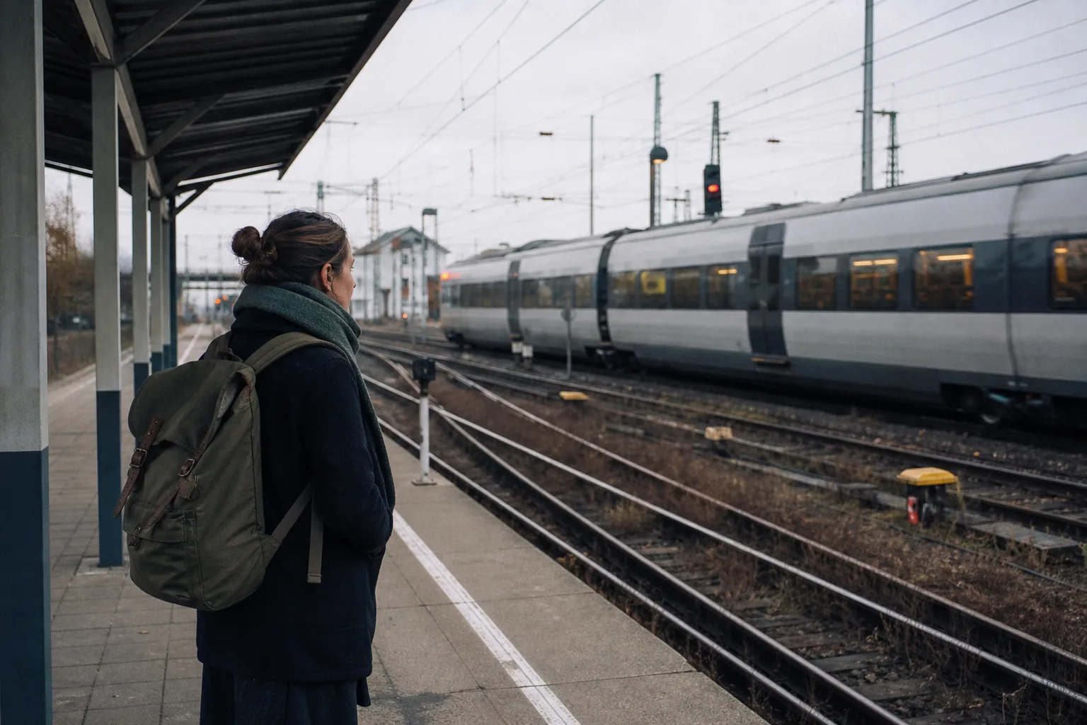 Eine Pendlerin steht an einem deutschen Regionalbahnhof, während ein neutraler Regionalzug an Gleisen und Oberleitung vorbeifährt.