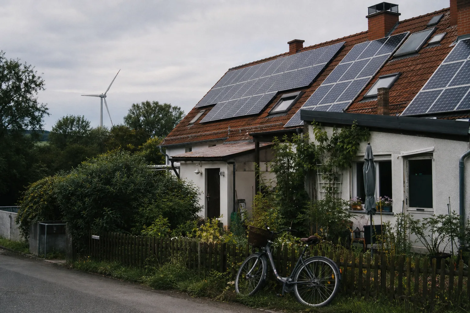 Wohnhaus mit Solardach, Fahrrad und einer kleinen Windkraftanlage in der Ferne an einem bewölkten Sommertag