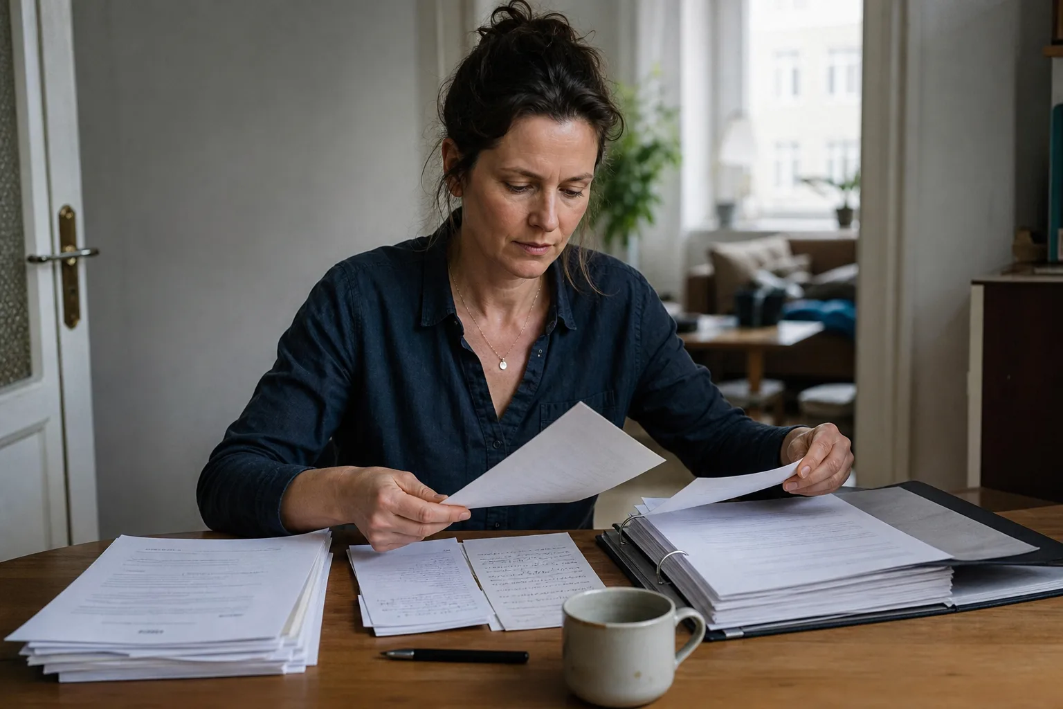 Berufserfahrene Frau sortiert am Tisch Lebenslauf, Zeugnisse und Notizen zu ihren Arbeitsaufgaben.