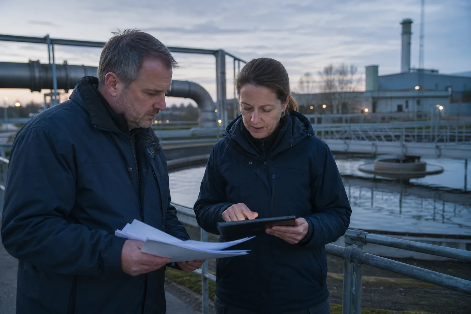 Industrieanlage mit Fachleuten, die Umwelt- und Genehmigungsdaten prüfen