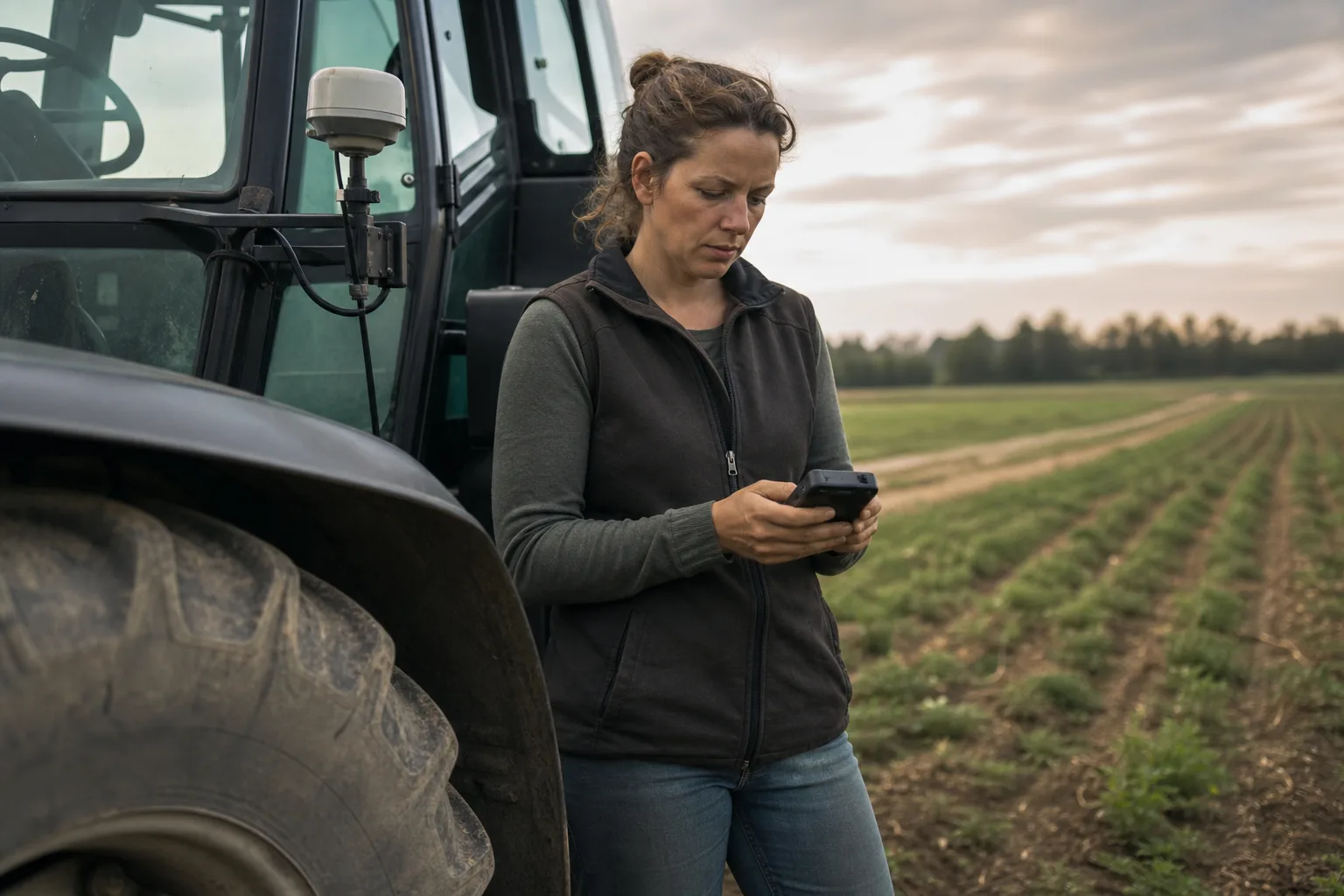 Landwirtin neben einem unmarkierten Traktor auf einem Acker mit einem neutralen Handgerät und einem Sensorsockel an der Maschine.